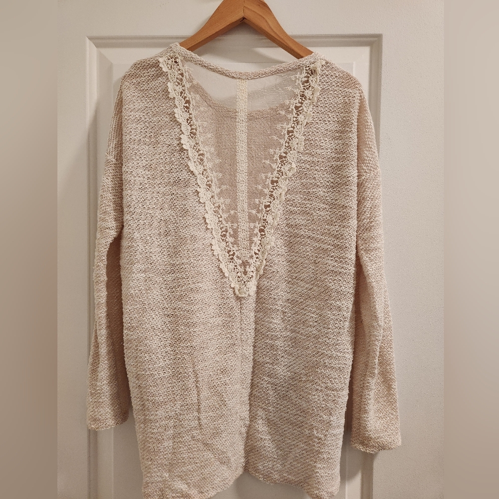 Cream scoop neck sweater top with lacy back cutout - size small